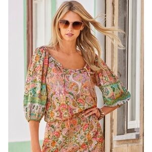 Boston Proper Blouse Sz XS Boho Beach Club Print Blouson